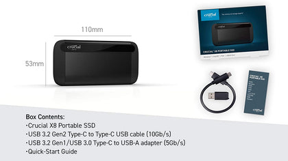 Crucial X8 1TB Portable SSD – Up to 1050MB/s – USB 3.2 – External Solid State Drive, USB-C, USB-A – CT1000X8SSD9
